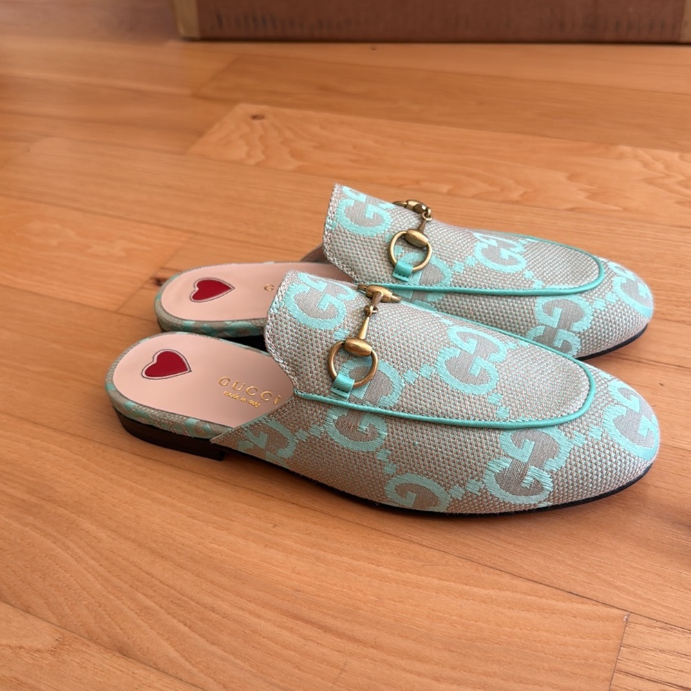 NEW Gucci Princetown Jumbo GG seafoam monogram mules - Picture 4 of 11
